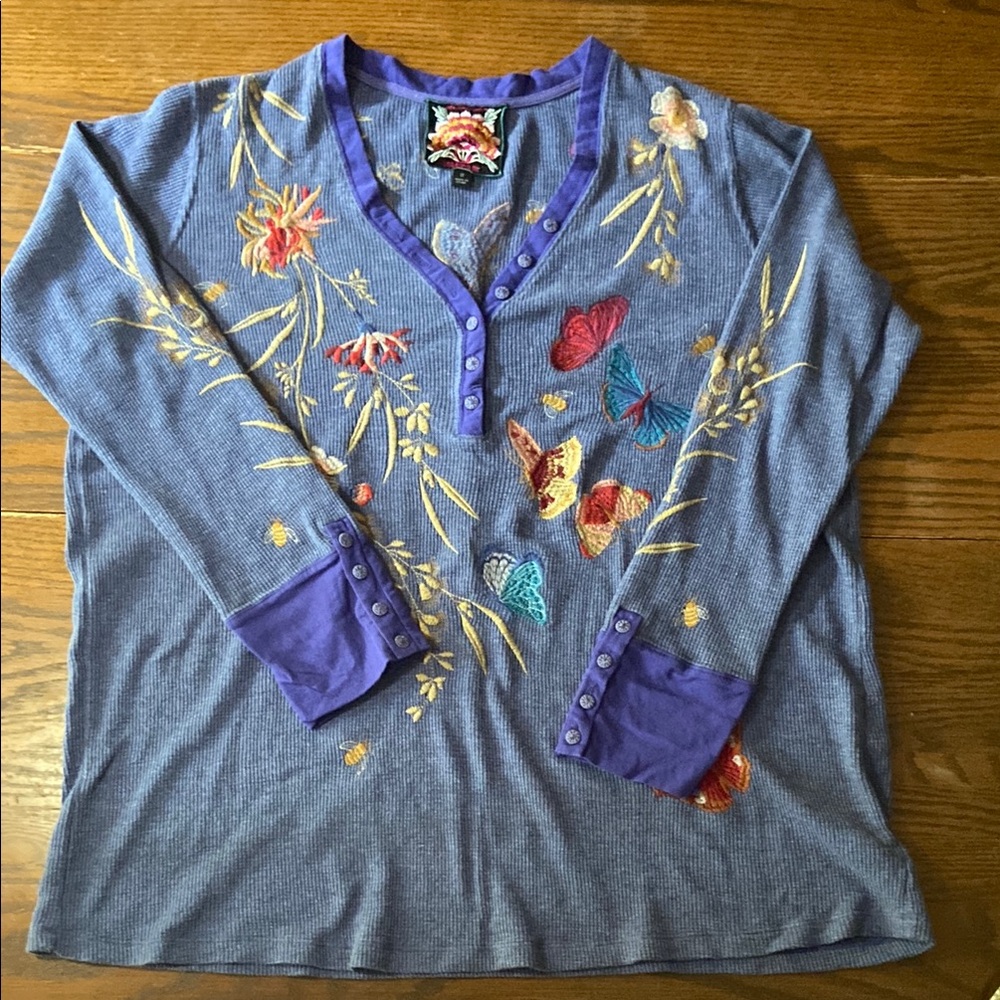 Johnny Was Sundance Catalog Blue Embroidered Aria V-Neck Thermal Size 1X